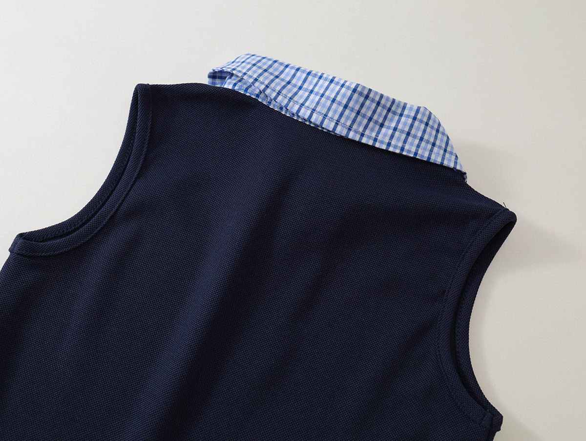 Girls' Navy Polo Dress with Plaid Collar & Hem -K6126076