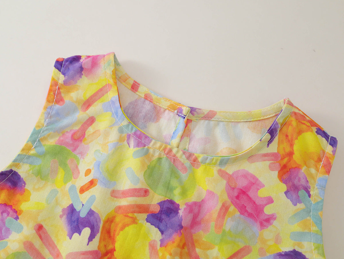 Girls' Colorful Abstract Print Sleeveless Top & Shorts Set-K6126136