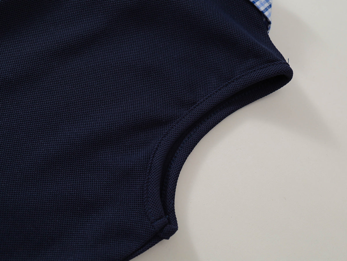 Girls' Navy Polo Dress with Plaid Collar & Hem -K6126076