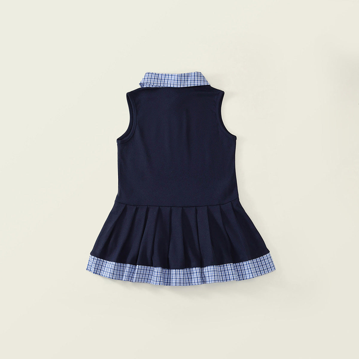 Girls' Navy Polo Dress with Plaid Collar & Hem -K6126076