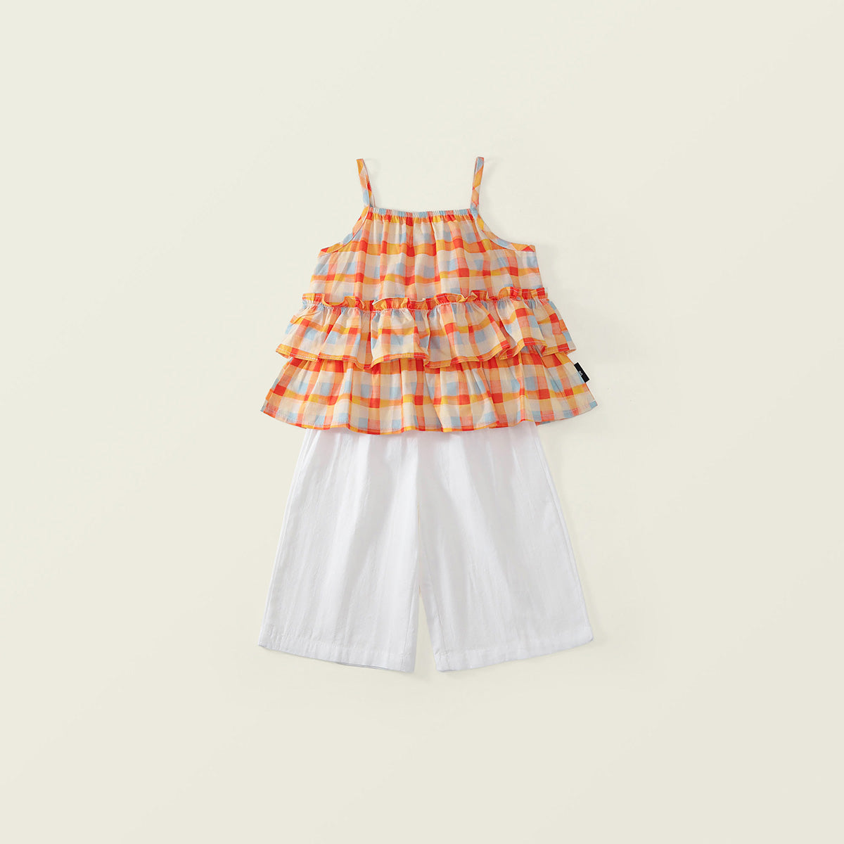 Girls' Tiered Plaid Top & White Wide-Leg Pants Set -K6126127