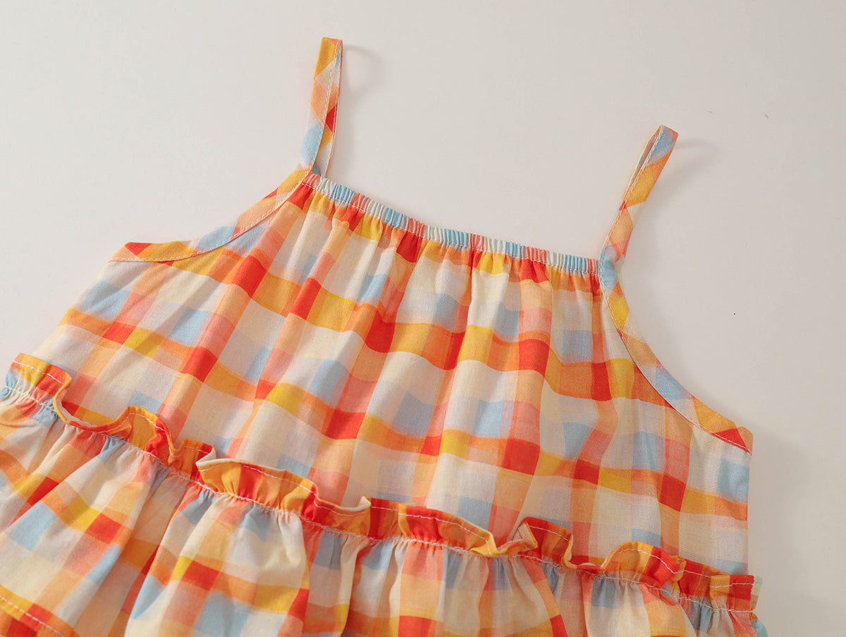 Girls' Tiered Plaid Top & White Wide-Leg Pants Set -K6126127