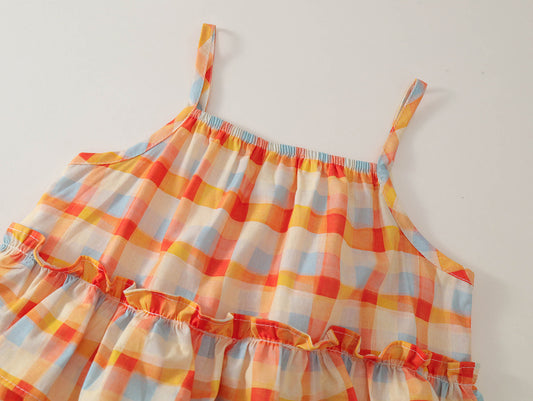 Girls' Tiered Plaid Top & White Wide-Leg Pants Set -K6126127