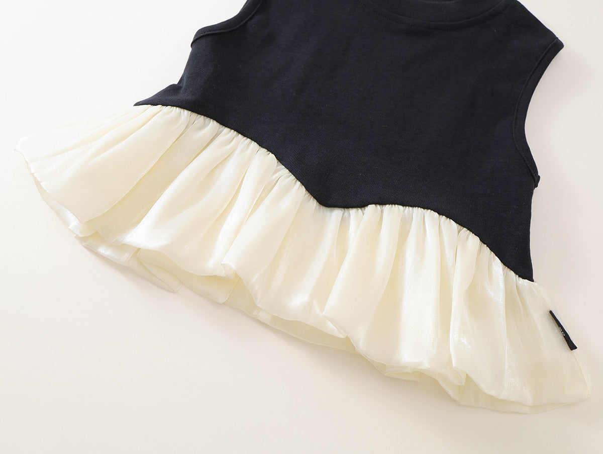 Girls' Black Ruffle Trim Sleeveless Top & Flared Pants Set-K6126114