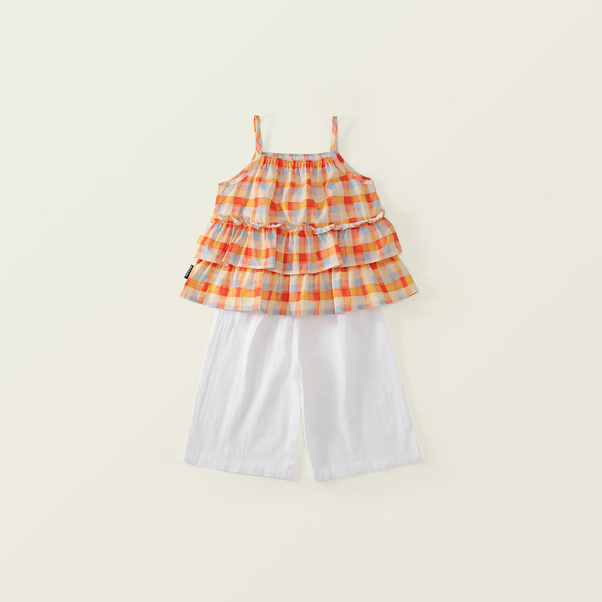 Girls' Tiered Plaid Top & White Wide-Leg Pants Set -K6126127