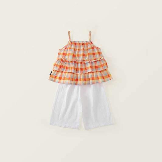 Girls' Tiered Plaid Top & White Wide-Leg Pants Set -K6126127