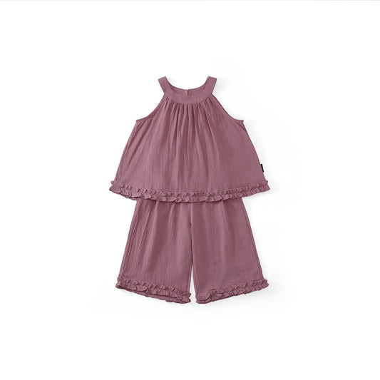 Girls' Mauve Ruffle-Hem Sleeveless Top & Shorts Set-K6126155