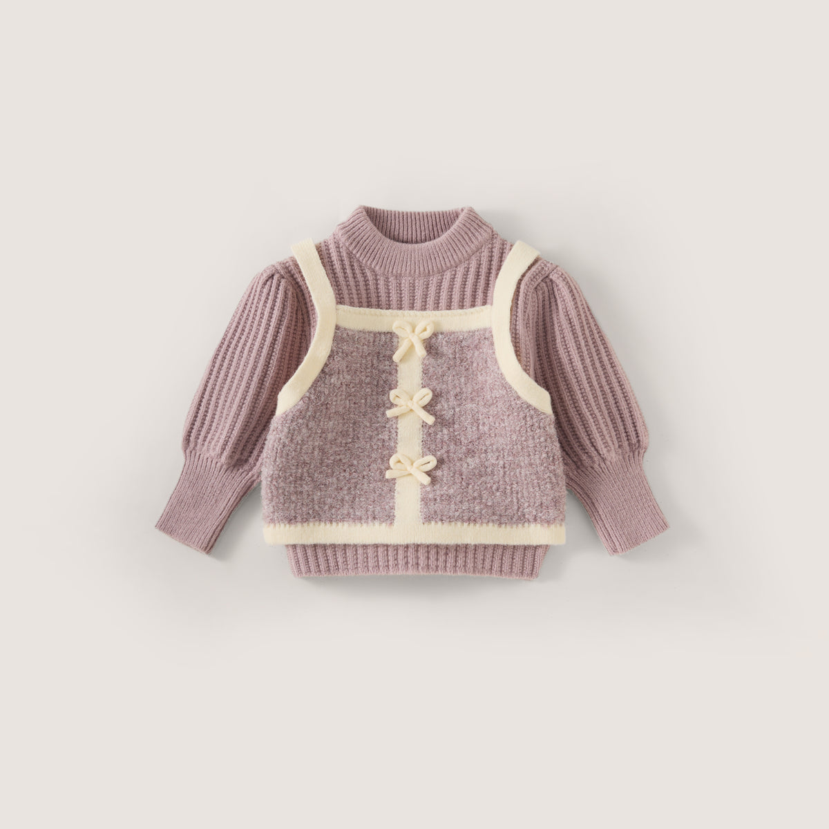 Girls' Mauve Bow-Detail 2-in-1 Knit Sweater -4049