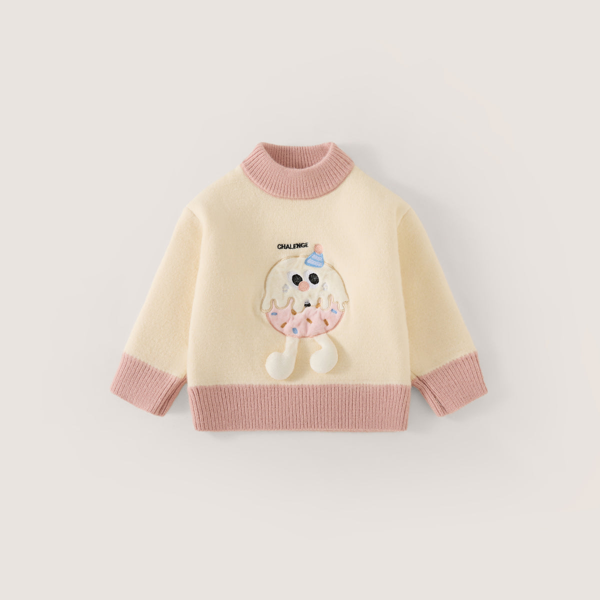 Girls' Donut Applique Mock Neck Sweater - Cream & Pink -4069