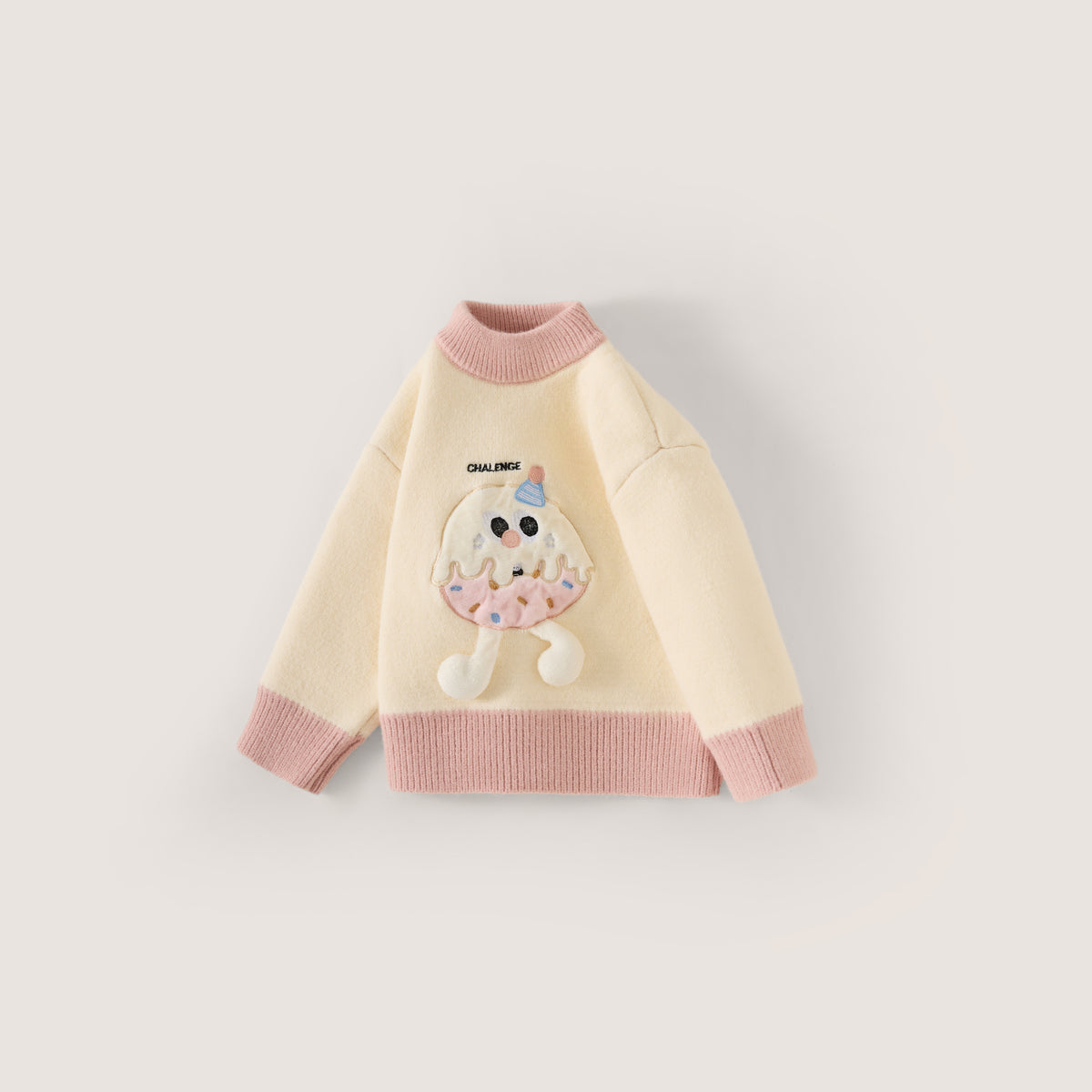 Girls' Donut Applique Mock Neck Sweater - Cream & Pink -4069