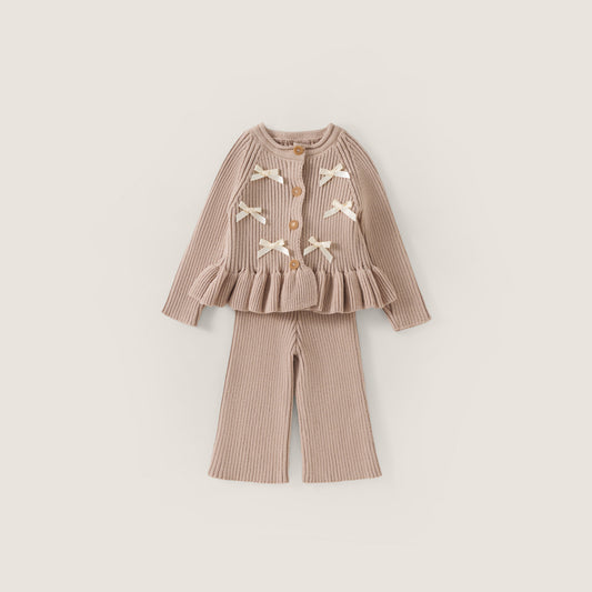 Girls' Bow Detail Ribbed Knit Cardigan & Leggings Set -3815