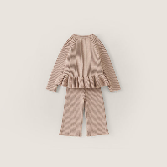 Girls' Bow Detail Ribbed Knit Cardigan & Leggings Set -3815