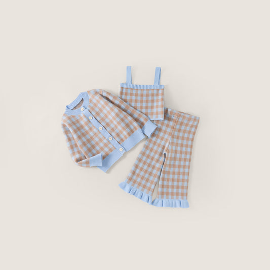Girls' 3-Piece Gingham Knit Set with Cardigan, Cami & Ruffle Pants -3807
