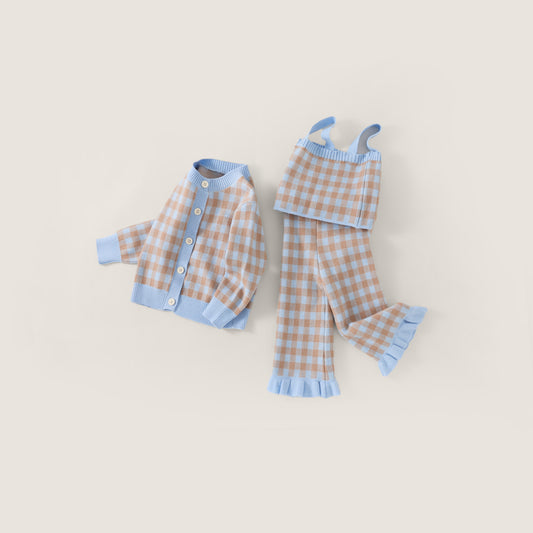 Girls' 3-Piece Gingham Knit Set with Cardigan, Cami & Ruffle Pants -3807
