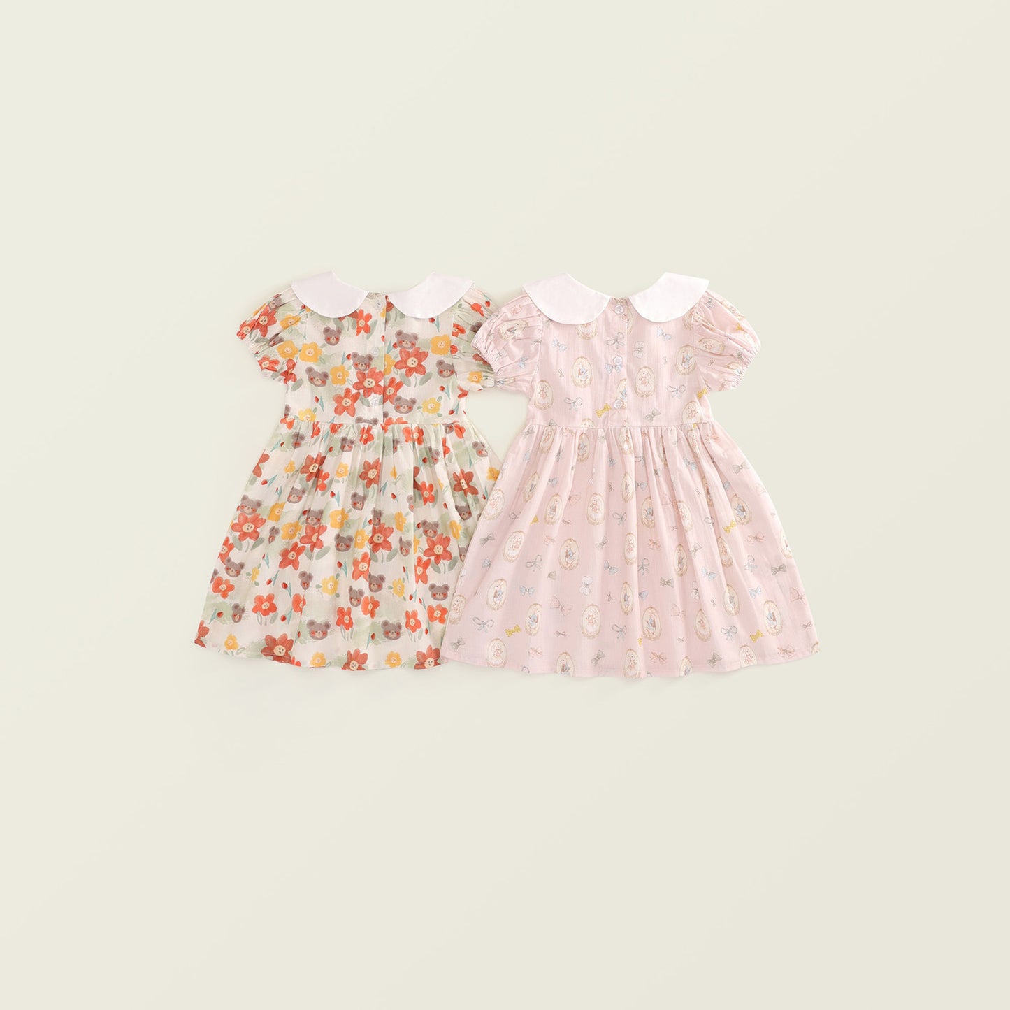 Girls' Print Gathered Dress with Bunny and Cat Pattern