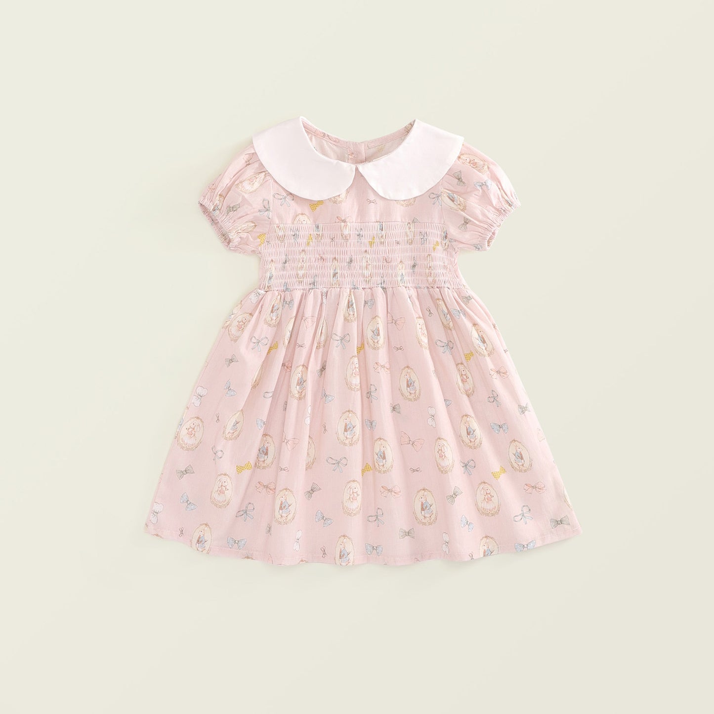 Girls' Print Gathered Dress with Bunny and Cat Pattern