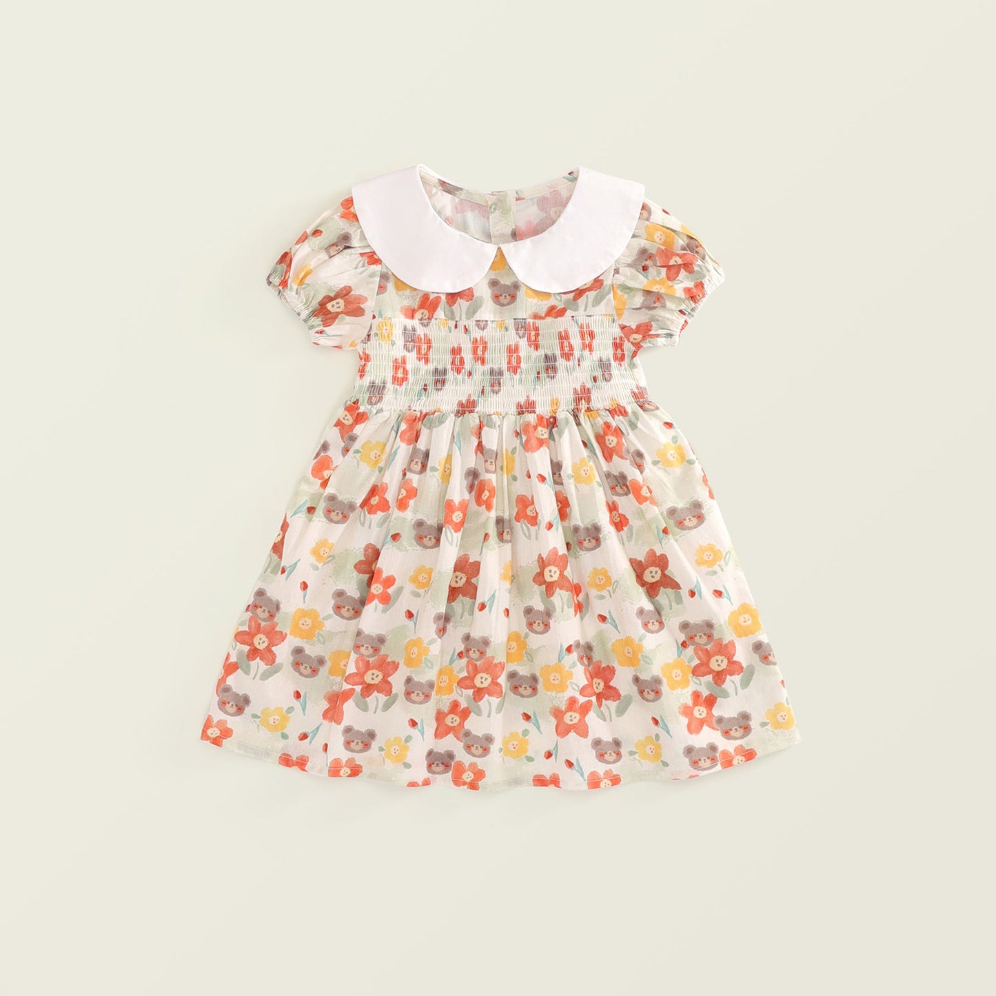 Girls' Print Gathered Dress with Bunny and Cat Pattern