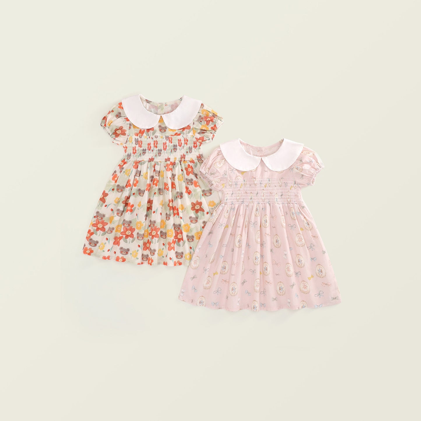 Girls' Print Gathered Dress with Bunny and Cat Pattern