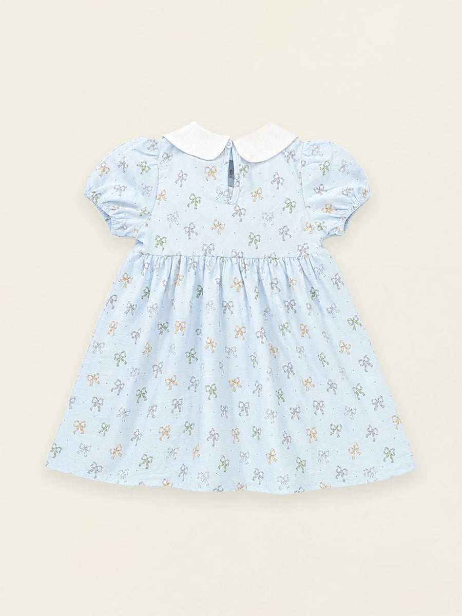 Girls' Light Blue Bow Print Dress with Peter Pan Collar -K6126326