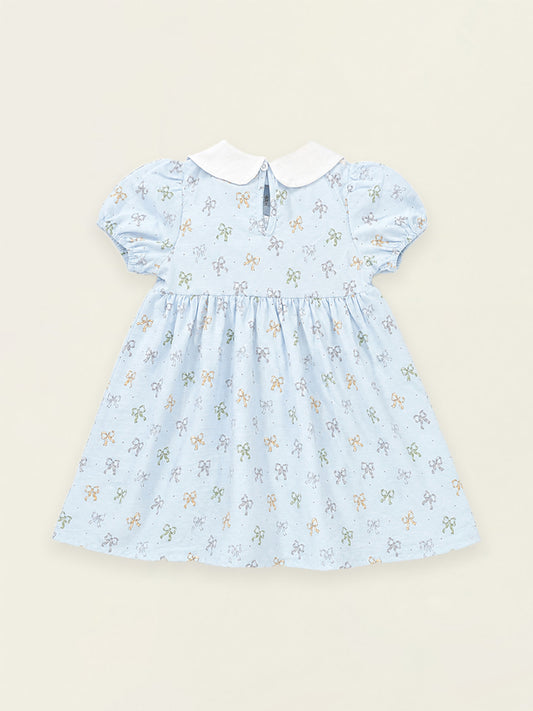 Girls' Light Blue Bow Print Dress with Peter Pan Collar -K6126326
