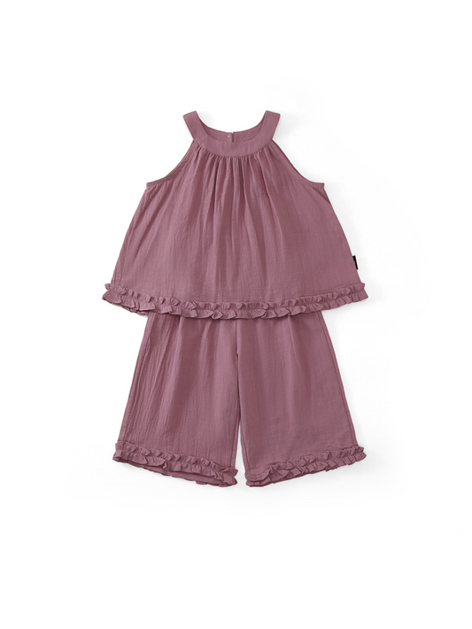 Girls' Dusty Rose Halter Top & Ruffle Shorts Set-K6126155