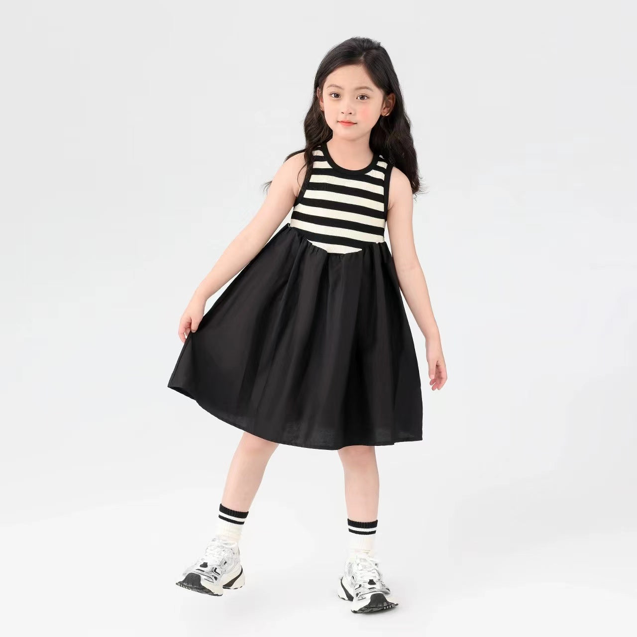 Girls' Black and White Striped Sleeveless Dress